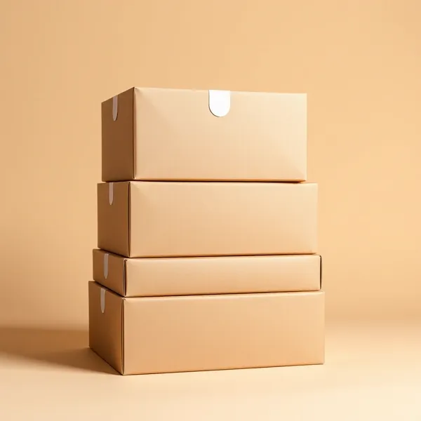 Quatre caisses en carton kraft de tailles différentes, empilées les unes sur les autres