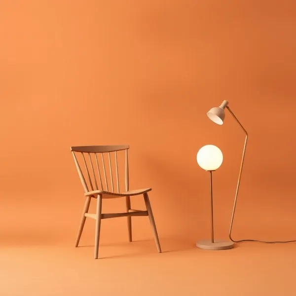 Chaise en bois clair et lampadaire à liseuse posés côte à côte sur fond orangé