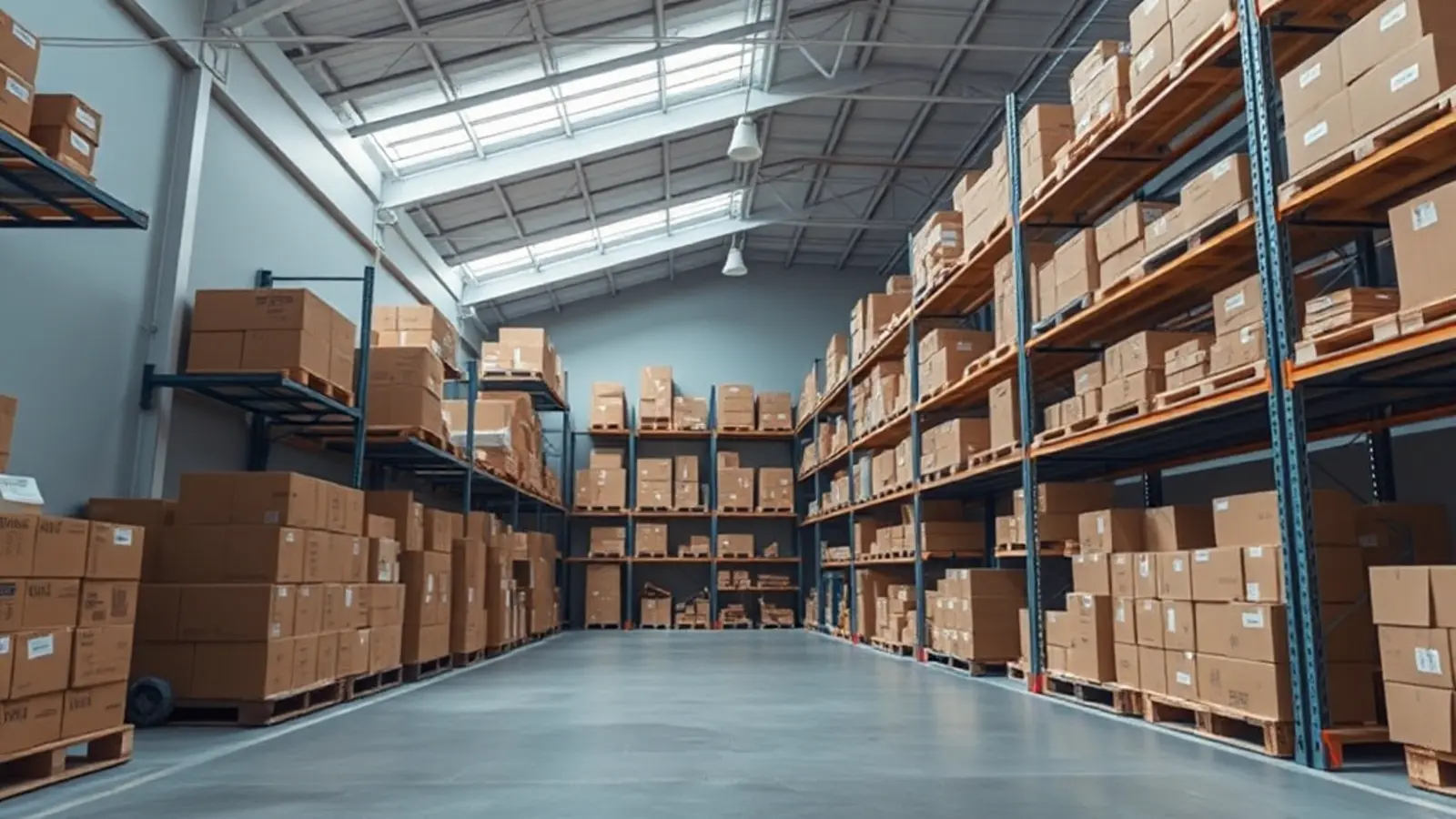 Allée d'entrepôt logistique avec racks et palettes de cartons
